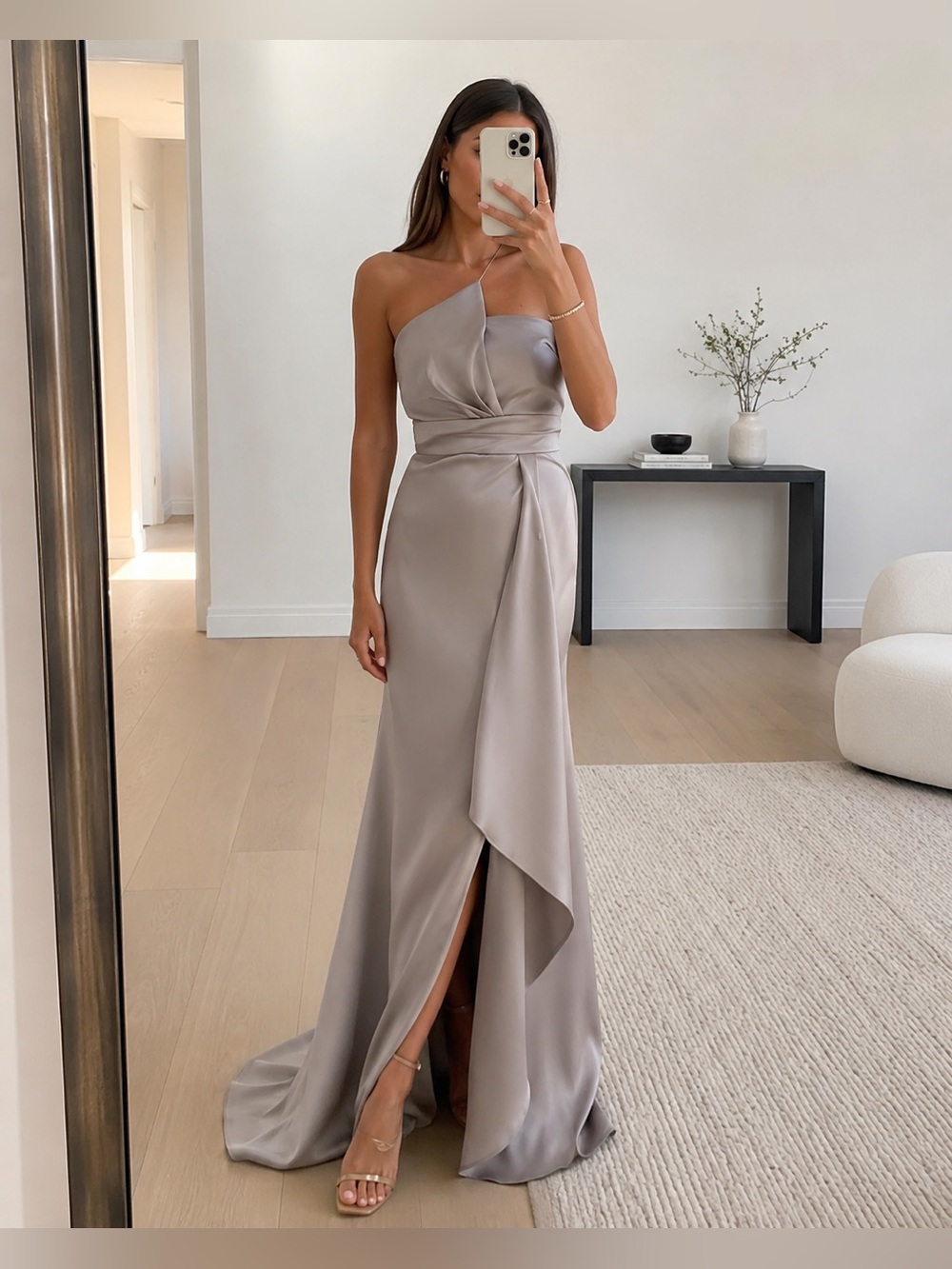 Donna Karan Cobblestone Asymmetric Strapless Satin Draped Gown Size 10 NWT